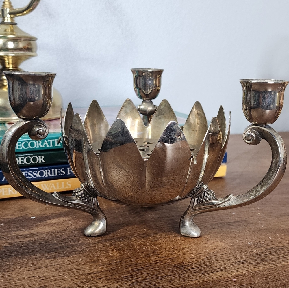 Leonard silver plated lotus candle holder with flower frog